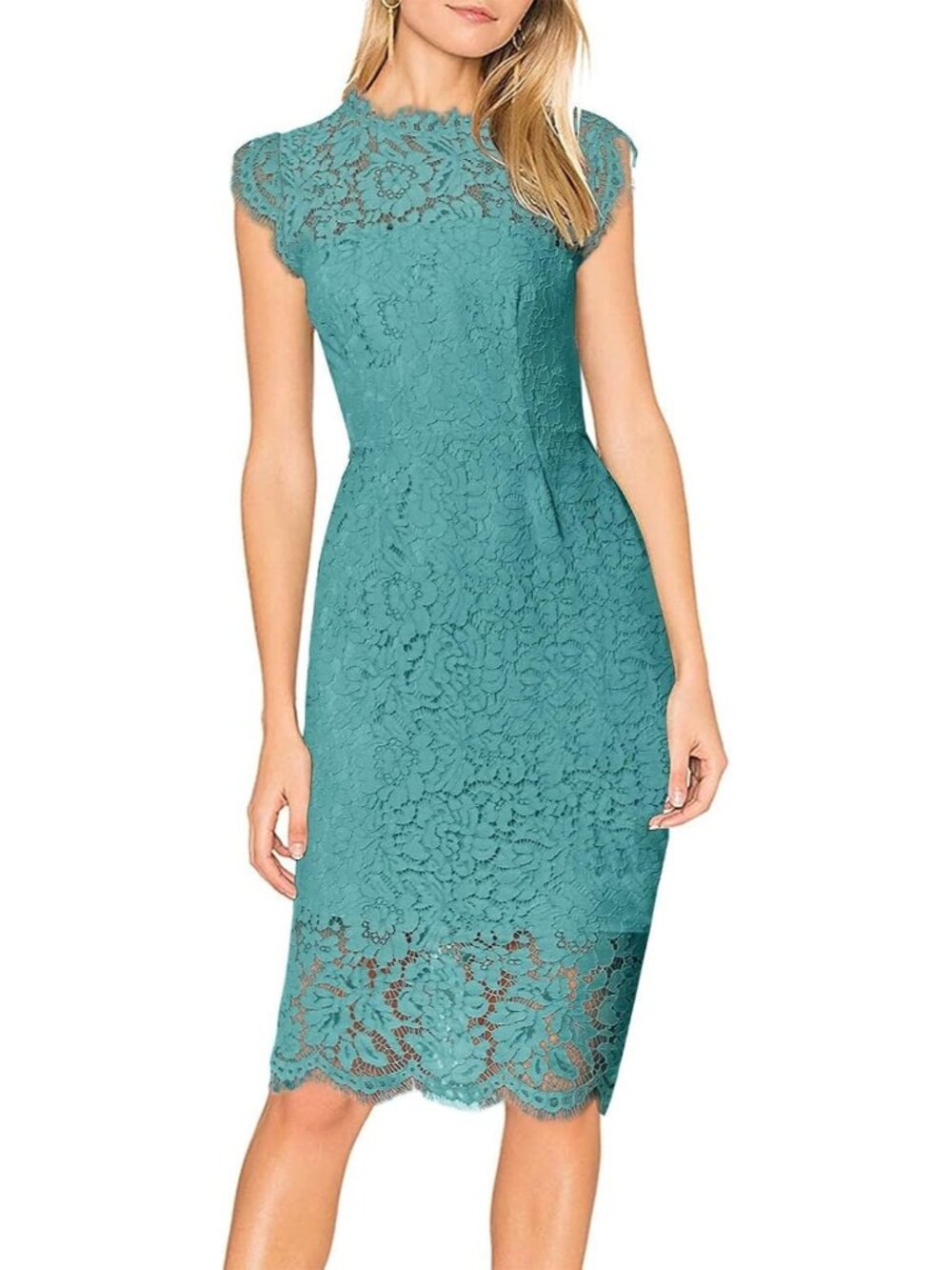 Women's Turquoise Lace Cocktail Crew Neck Sleeveless Slimming Sheath Midi Dress
